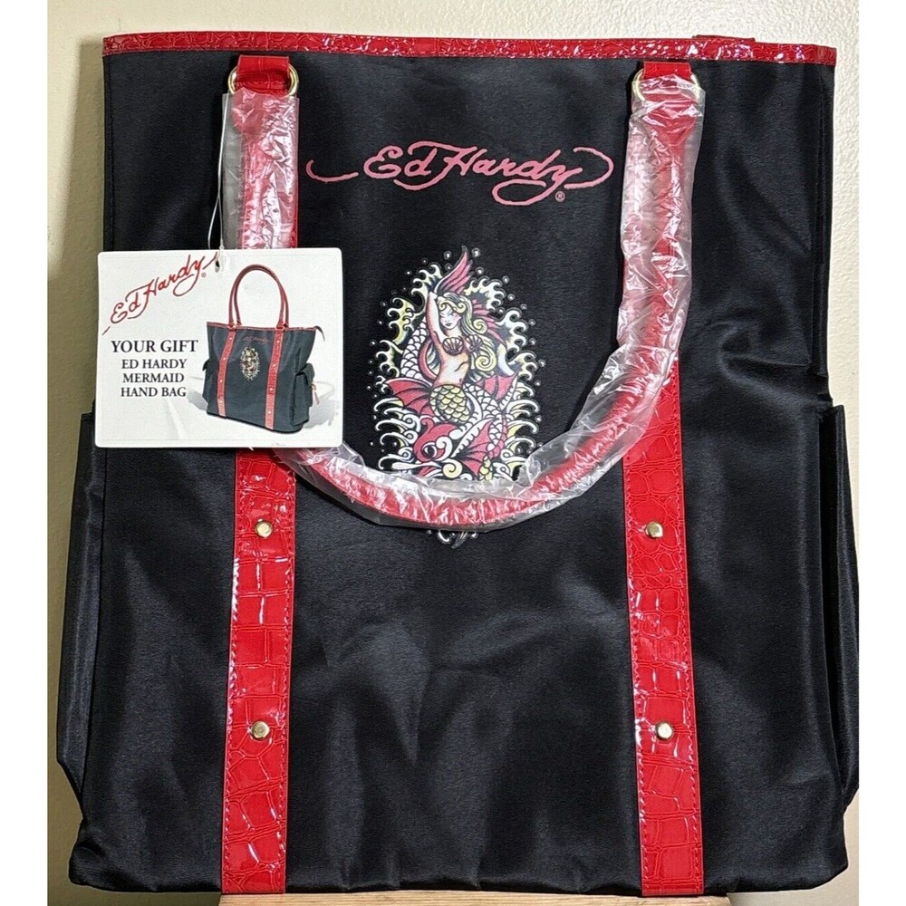 Ed Hardy Mermaid Large 15x14 Tote Bag Purse Handbag Black Nylon Red New